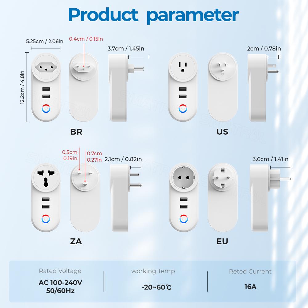 Tuya Wifi Smart Usb Socket Eu Us Brazil Plug 16a Adaptador de tomada Carregamento Voz Smart Life App Elétrico Para Google Home Alexa
