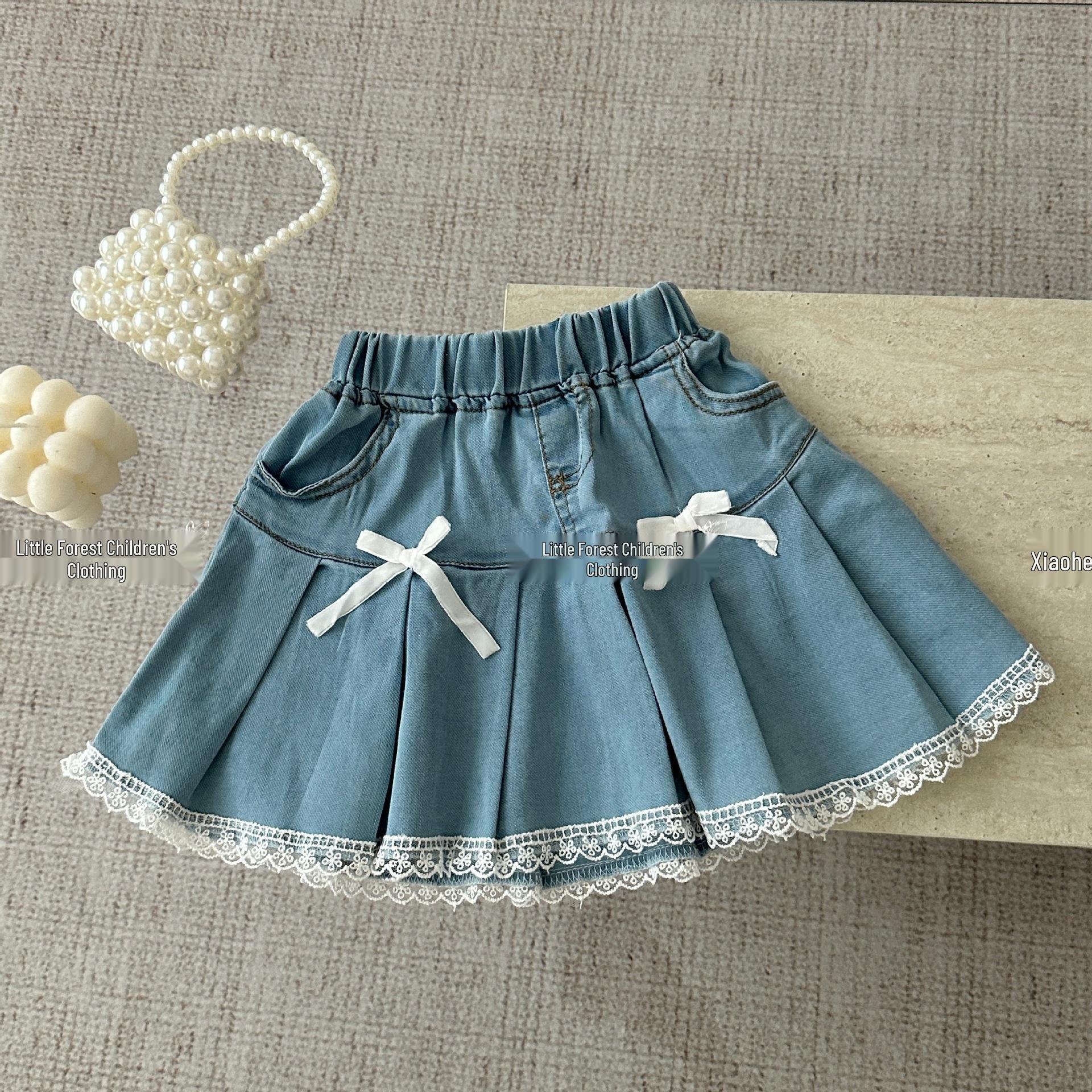 Korean Style Girls Pleated Denim Skirt with Lace Trim and Bow 90