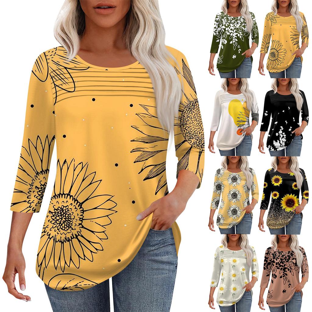 Women's Fashion Round Neck Pleated Front Placket Solid Color 3/4 Sleeve Top