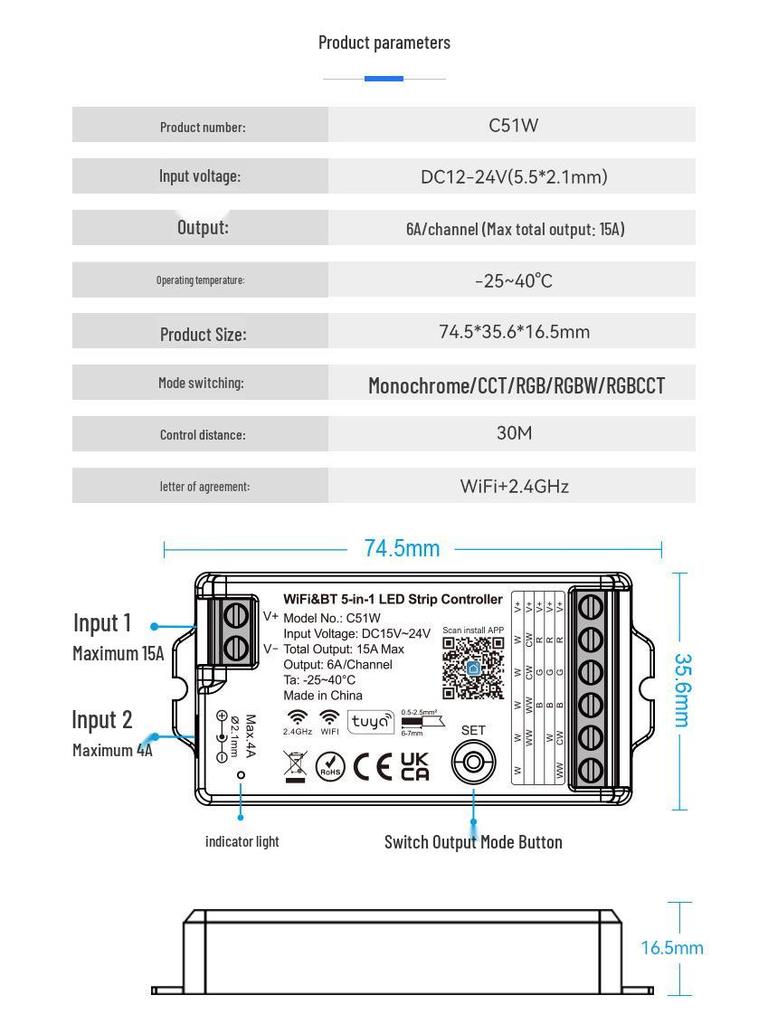 TUYA WiFi LED Strip Controller C51W: Supports Single, Dual Color, RGB, RGBW, and RGBCW.