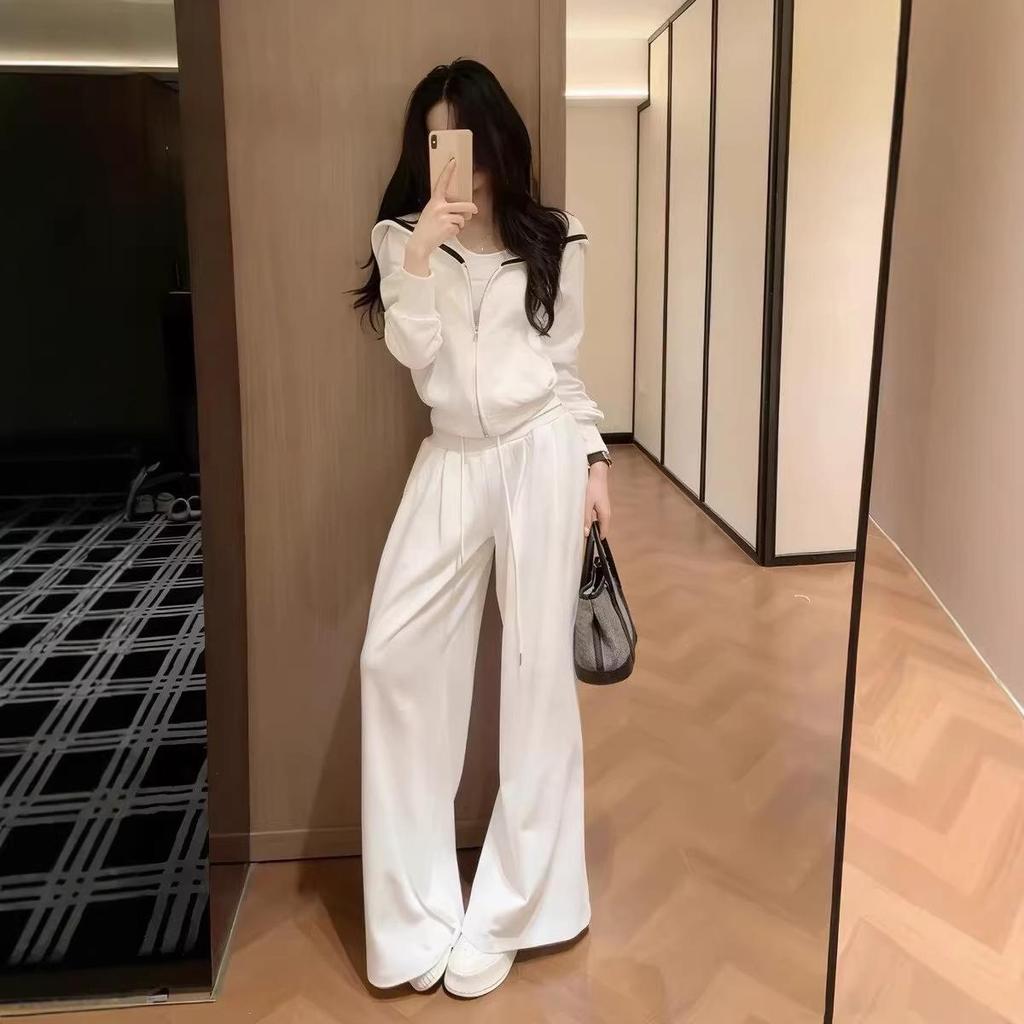 Korean Style Spring 2026 Women's White Hoodie & Wide-Leg Pants Casual Set
