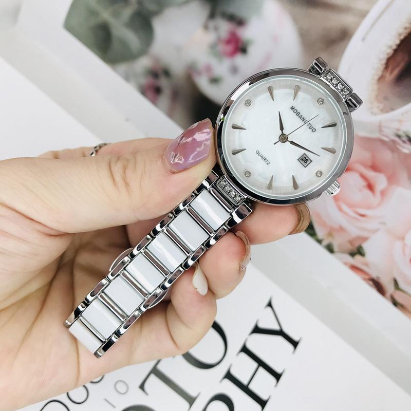 White Ceramic Women'S Watch Women'S Simple Fritillary Face Calendar Fashionable High-End Niche Light Luxury Women'S Watch