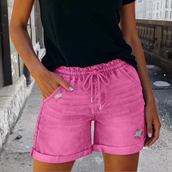 Jean Shorts for Women High Rise Roll Up Hem Straight Leg Distressed Denim Shorts Elastic Waist Drawstring Summer Ripped Hot Shorts with Pockets