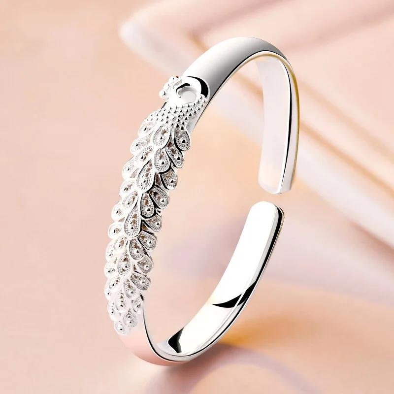 925 Silver Peacock Opening Screen Bracelet For Women Luxury Designer Texture Open Bracelets Party Original Jewelry Gift