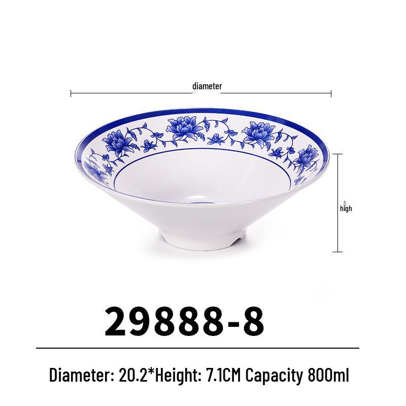 Blue & White Melamine Noodle Bowl: Imitation Porcelain Tableware for Ramen, Soup, Wonton, or Beef Noodles in Noodle Shops