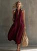 2026 Spring Women Halter V-Neck Midi Dress Loose Casual Solid Color Vacation Dress With Pockets