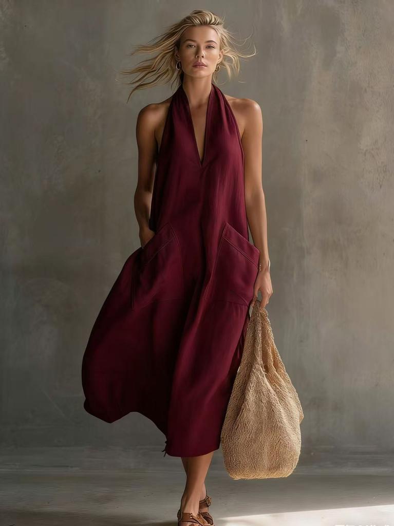 2026 Spring Women Halter V-Neck Midi Dress Loose Casual Solid Color Vacation Dress With Pockets