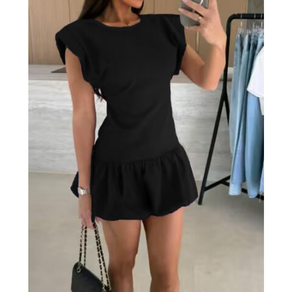 Women s Round Neck Ruffle Hem Mini Dress Casual Cap Sleeve Flounce Hem Bodycon Dress S чёрный