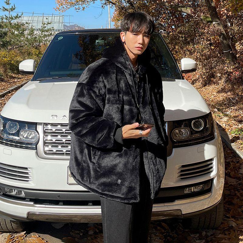 

Пальто из овечьего бархата и хлопка для мужчин в зимнее время в корейском стиле, свободная и модная бархатная утолщенная куртка с капюшоном, хлопковое пальто 2XL