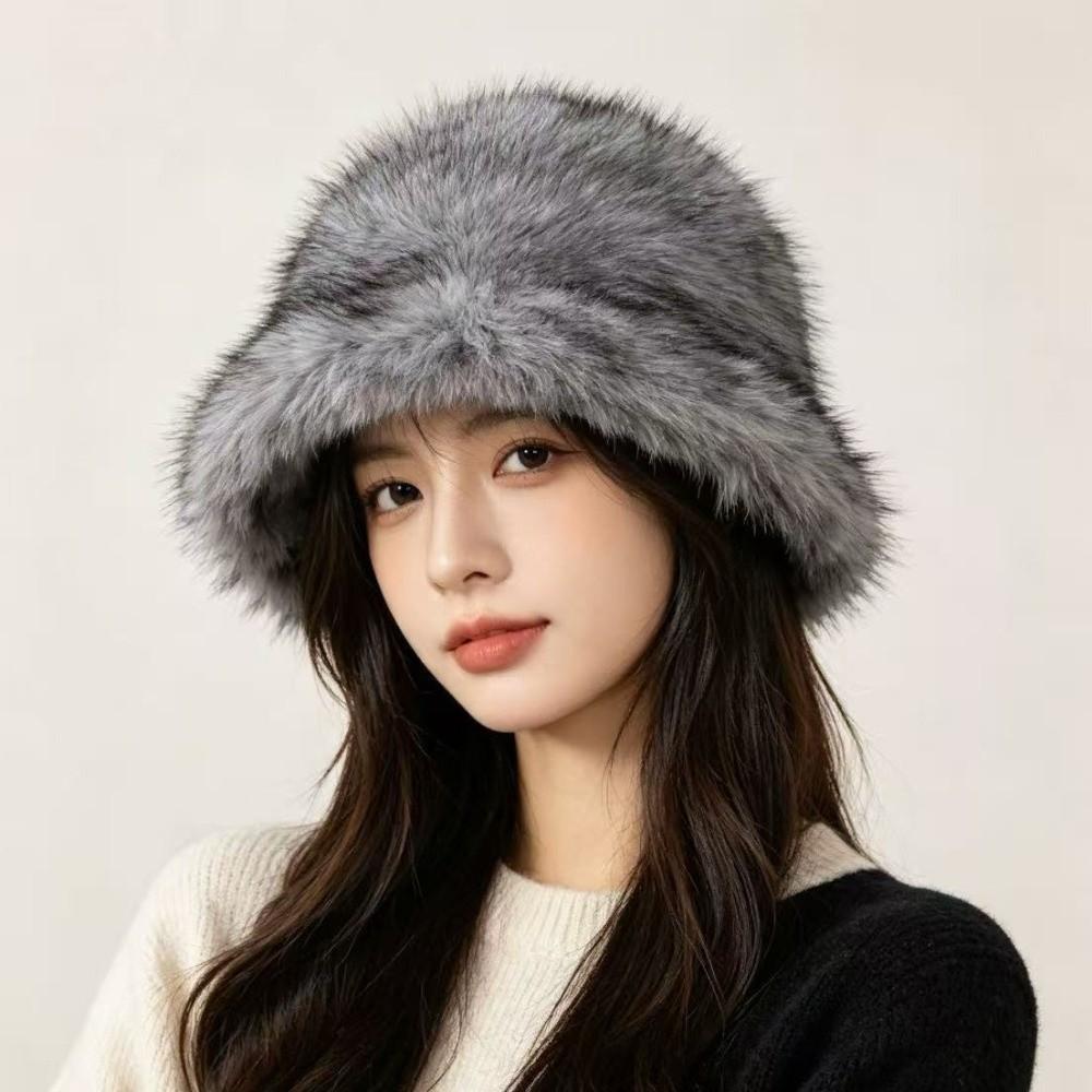 Windproof Faux Fur Bucket Hat Soft Winter Warm Cap Unisex Plush Fisherman Hat Skiing