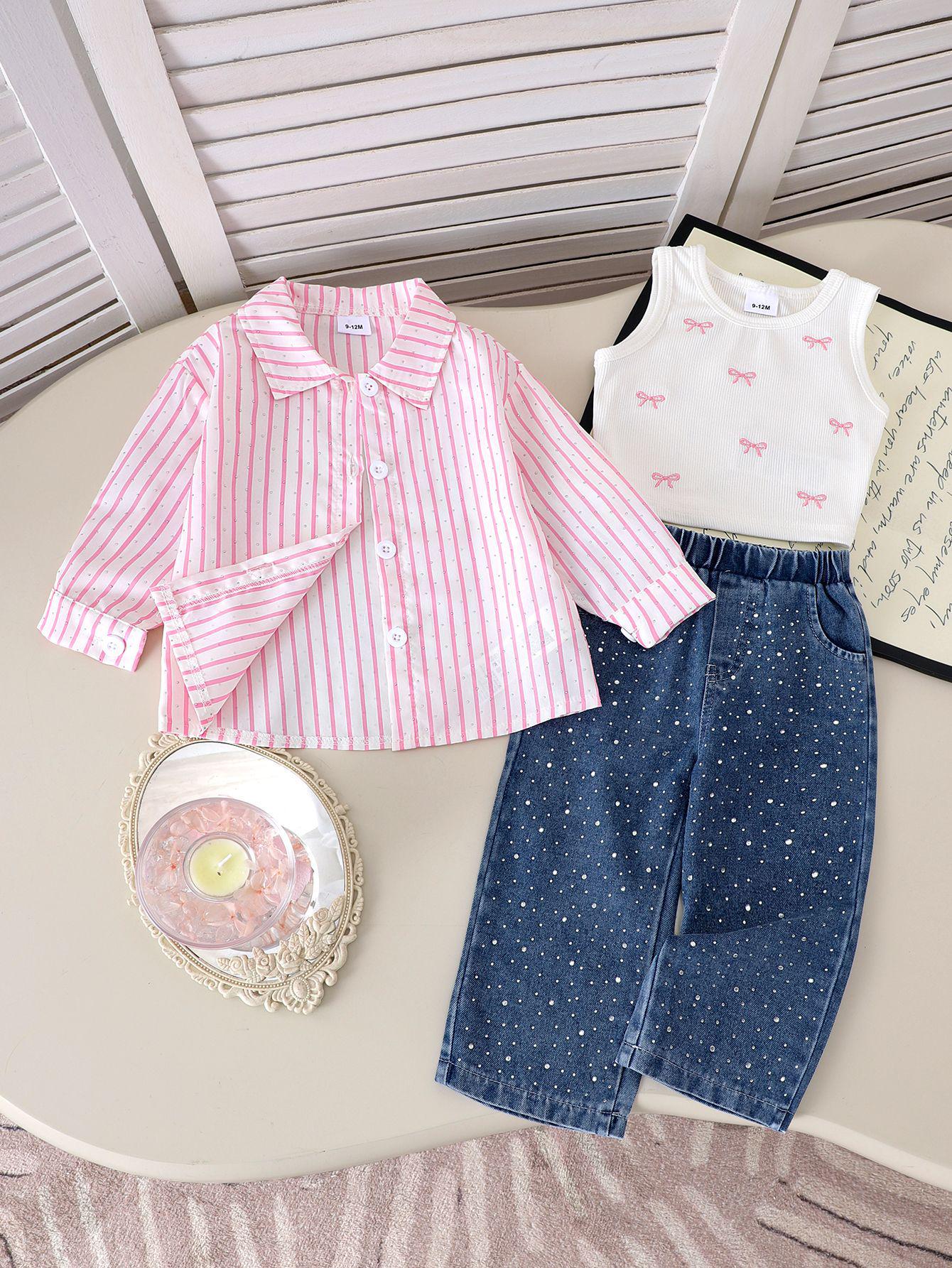 

2025 Autumn New Korean Casual Pink Striped Shirt & Vest with Trousers Set 18-24 Months