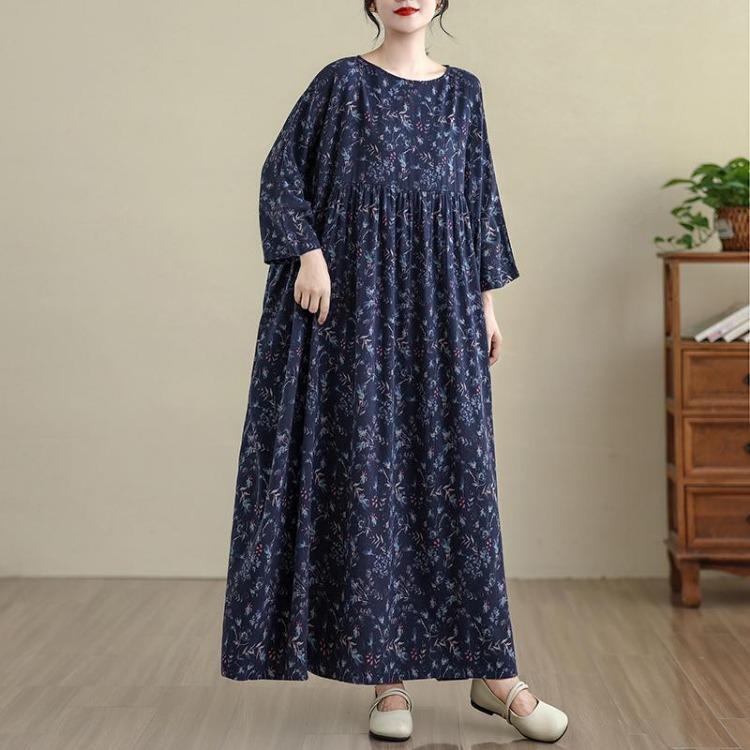 Spring Floral Print Vintage Maxi Dress Long Sleeve Loose Oversize Casual Basic Long Dress for Women Plus Size