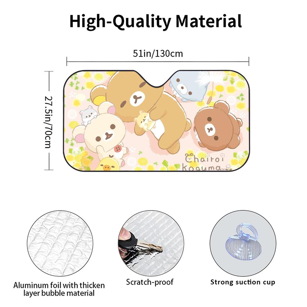 r-Rilakkuma Bear Car Sunshade Curtains Heat-insulating Aluminum FilmReusable Suction Cup Blocks UV Rays Car Sun Visor Protector