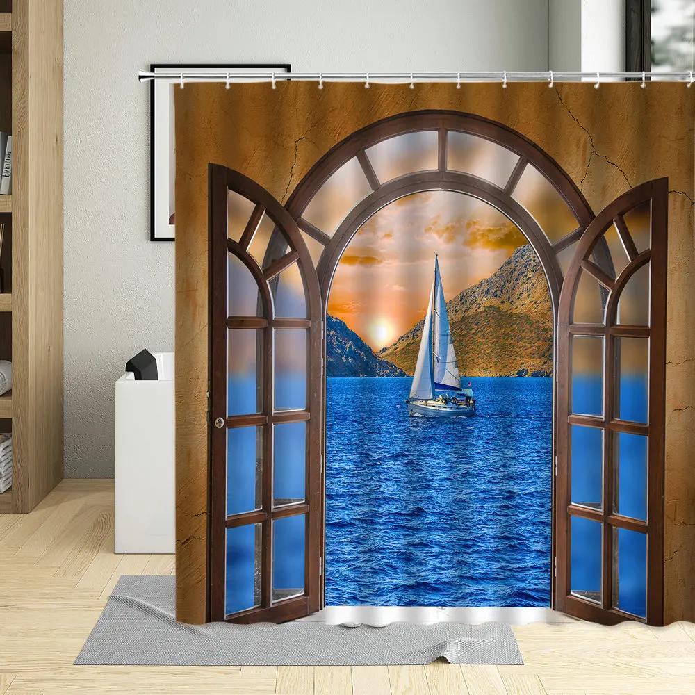 3D Window Beach Scenery Shower Curtain Palm Tree Sea Natural Landscape Bathroom Decor Polyester Cloth Hanging Curtains Sets