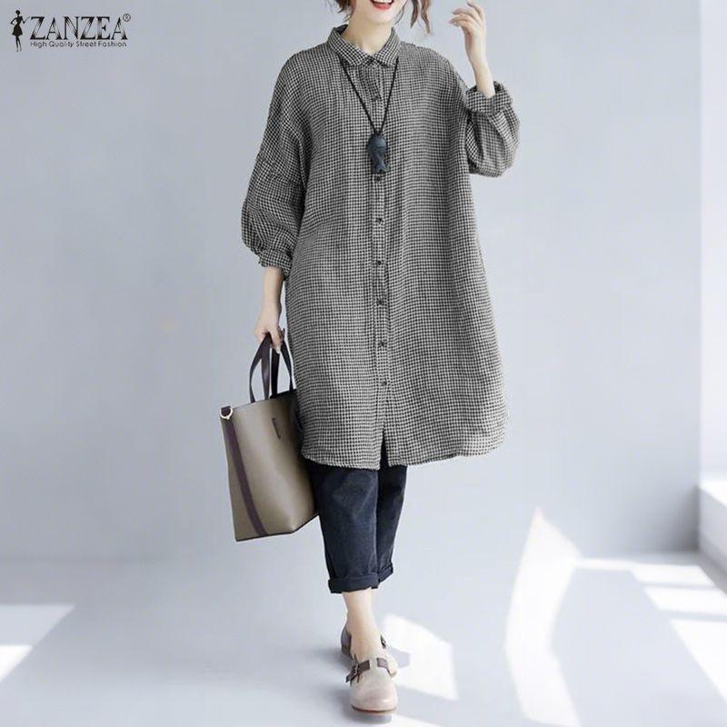 ZANZEA Damen Karoprint Freizeitbluse mit Umlegekragen, 3/4-Ärmel