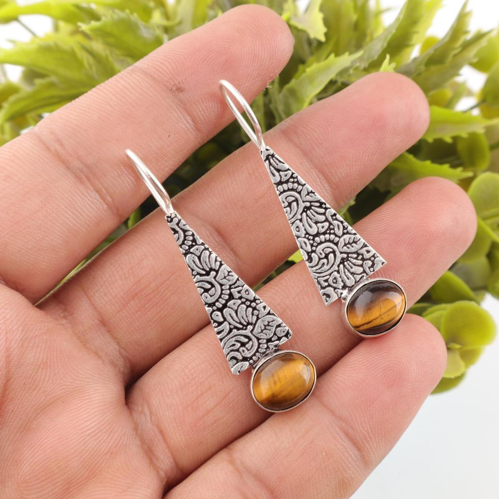 Yellow Tiger's Eye Gemstone Jewelry, 925 Solid Sterling Silver Earrings, Handmade Gemstone Earrings, Gift For Mom Antique Jewelry
