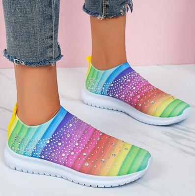 Mode Glänzender Kristall Atmungsaktive Mesh Sneaker Schuhe für Damen Bequeme Weiche Sohle Ballerinas Übergröße 43 Rutschfeste Damen Freizeitschuhe