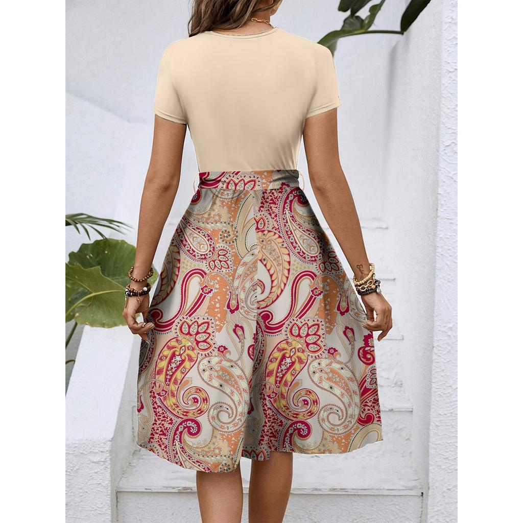 Women's Fashionable Retro Patterned Printing Color Blocked Belt Casual Dress