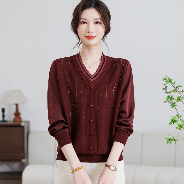

2026 Spring V-Neck Patchwork Knitwear: Ice Silk & Lurex Thread 4XL червоний