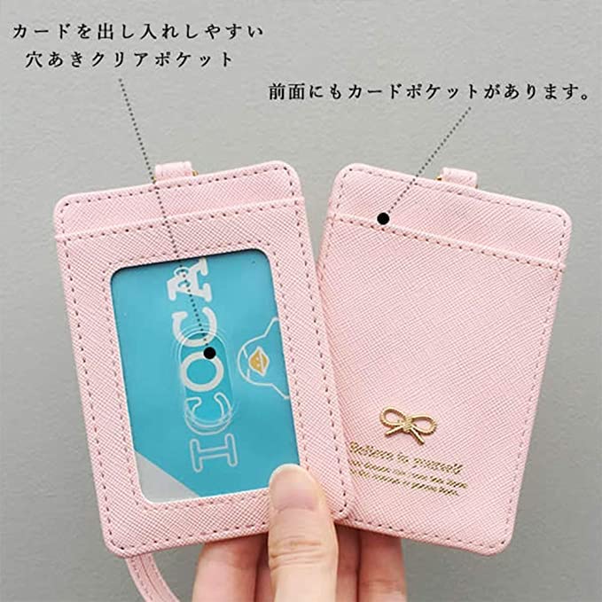 Extendable Reel Pass Case, Card Holder, Initials, Personalized ID Card Case, with Strap, Smiley Face, Ribbon Design (Black [Fabric Design (Same