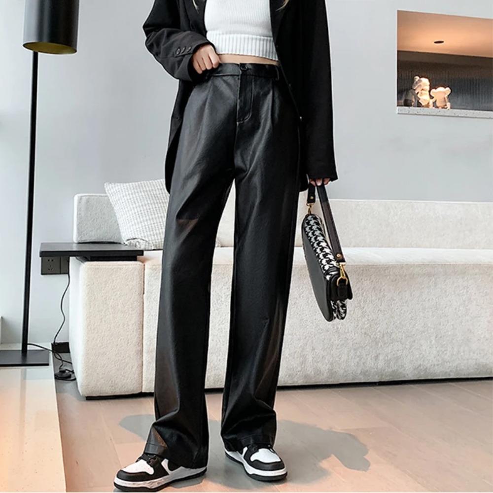 PU Leather Pant Women High Waist Straight Pant Spring Clothes Solid Pocket Streetwear Chic Black Faux Leather Trousers