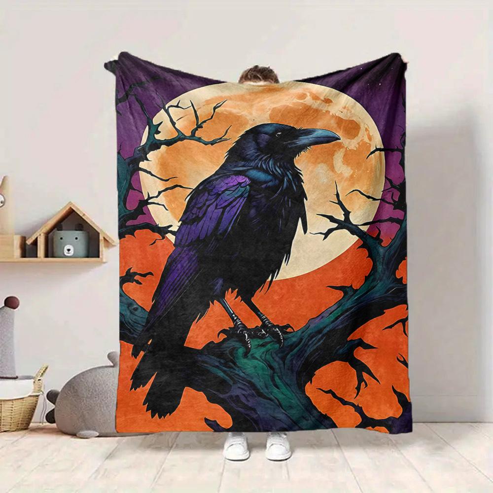 

1pc Moon Raven Lightweight Flannel Blanket, Comfortable and Warm Blanket, for Office and Camping Sofa Bed, Livingroom197 130cmx150cm