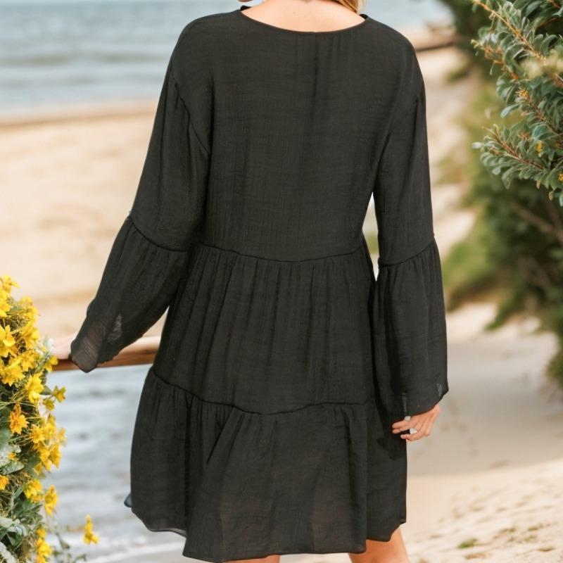 New Black Chiffon Medium and Long Horn Sleeves Fashionable Black Ruffle Edge Beach Bikini Blouse