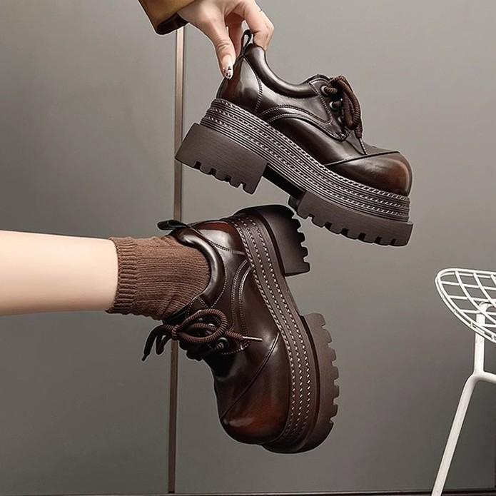 British Style Round Head Platform Small Leather Shoes 2025 New Spring and Summer Lace-up Derby Shoes Small Heightening Loafers