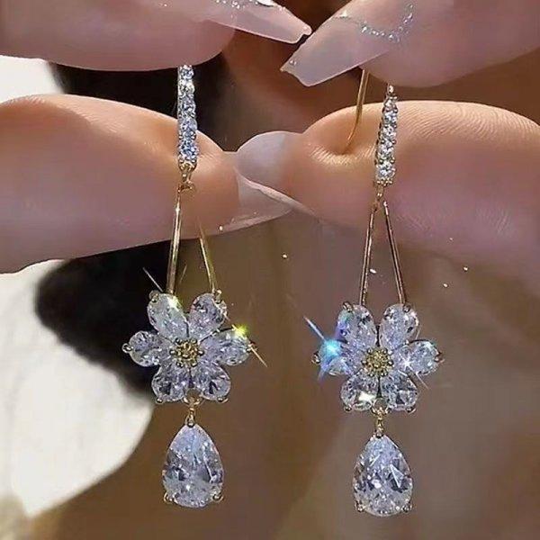 Luxury Crystal Long Tassel Ear Thread Green Shiny Zircon Flower Drop Earrings for Women Wedding Jewelry Gift