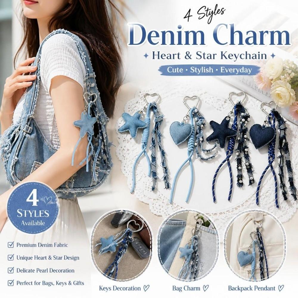 Distressed Frayed Denim Keychain Pearl Tassel Keychain Pendant New Bag Charm  for Women Ladies Bag