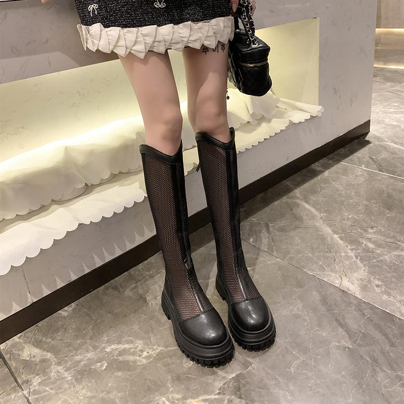 Women's High Boots Fashion Round Head Mesh Cloth Back Zipper Waterproof Platform Anti-slip Wear-resistant Kitten Heels