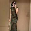 New Chinese National Style Retro Sexy Printing Improved Cheongsam Dress Women's Summer Style Hip-wrapped Long Skirt