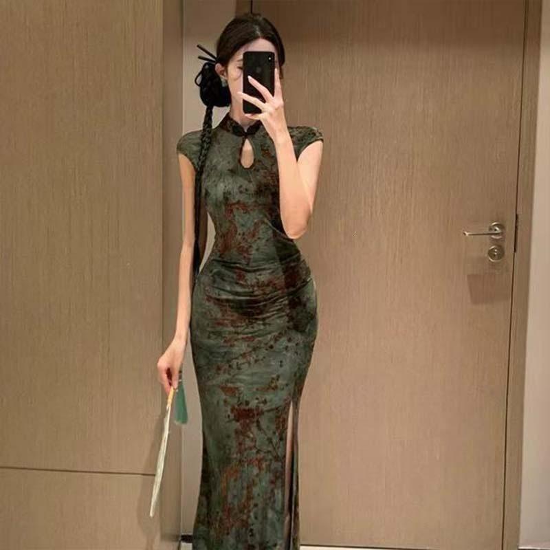 New Chinese National Style Retro Sexy Printing Improved Cheongsam Dress Women's Summer Style Hip-wrapped Long Skirt