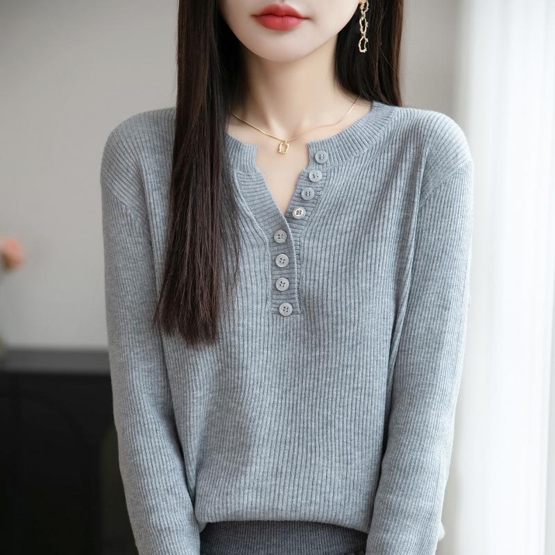 Women's V-Neck Fine Wool Knitwear: Long Sleeve Pullover Sweater for Spring & Autumn