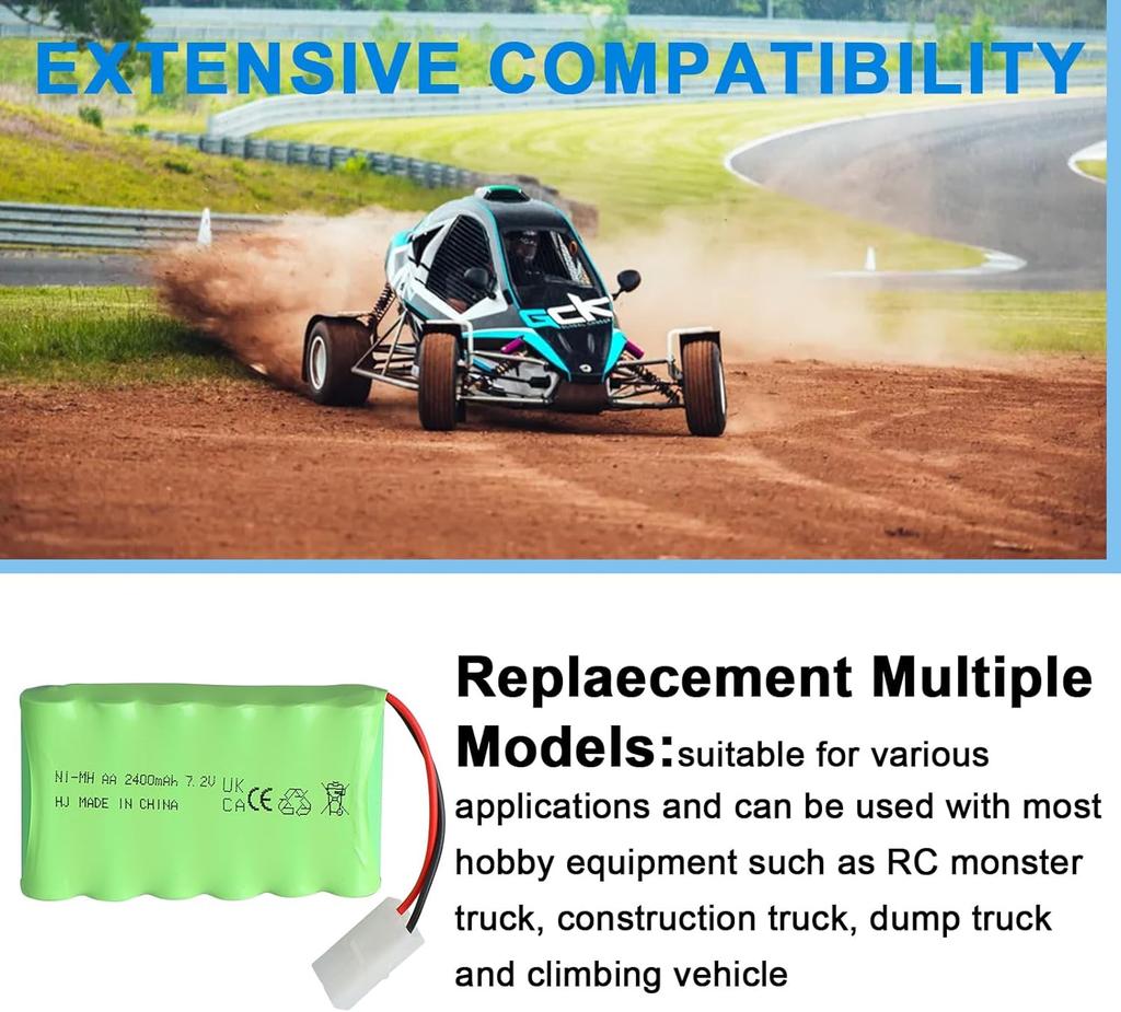 7.2V 2400mAh NiMH Rechargeable Battery with Tamiya KET 2P Connector and USB Cable – 6 Cell AA Pack for RC Cars, Trucks