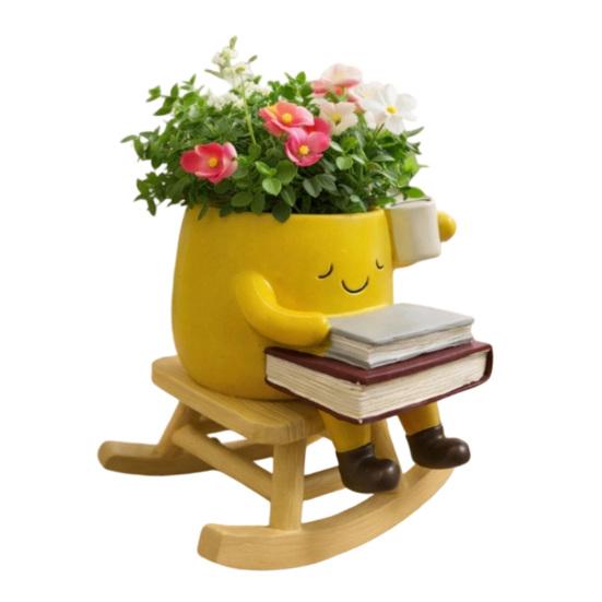 DYS Rocking Chair Plant Pot, Cute Smiling Face Planter, Resin Flowerpot with Drainage Hole for Succulents Indoor Plants