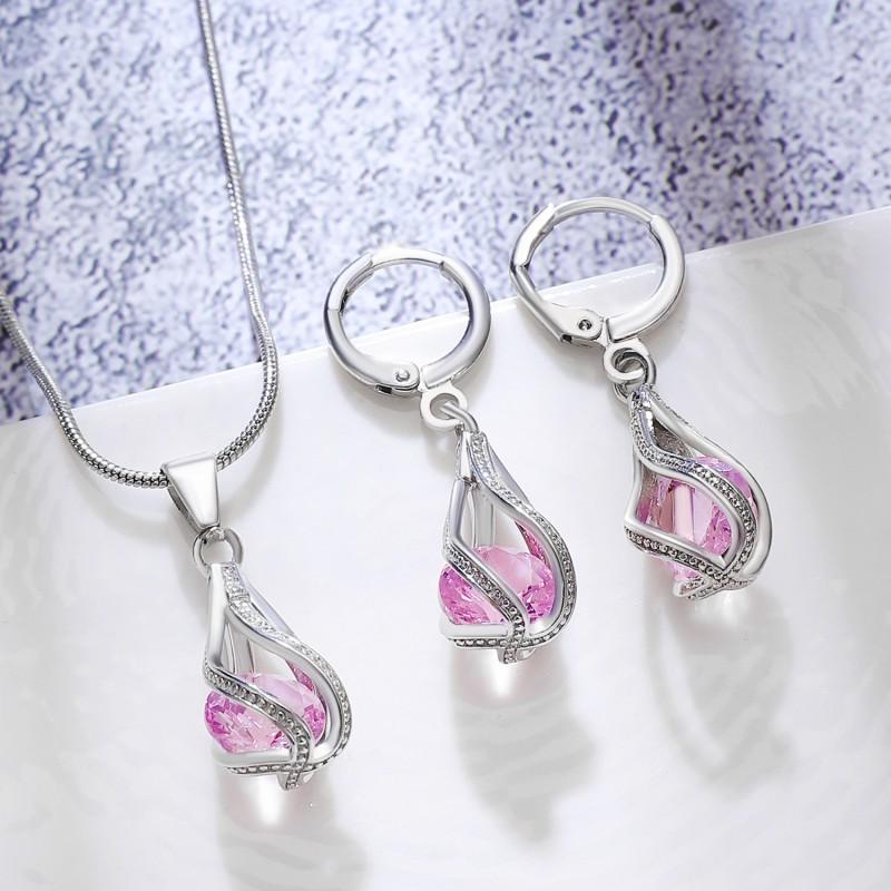 Womens Zircon Crystal Jewelry Set Vintage Rotating Teardrop Necklace Earrings Boho Chic Accessory
