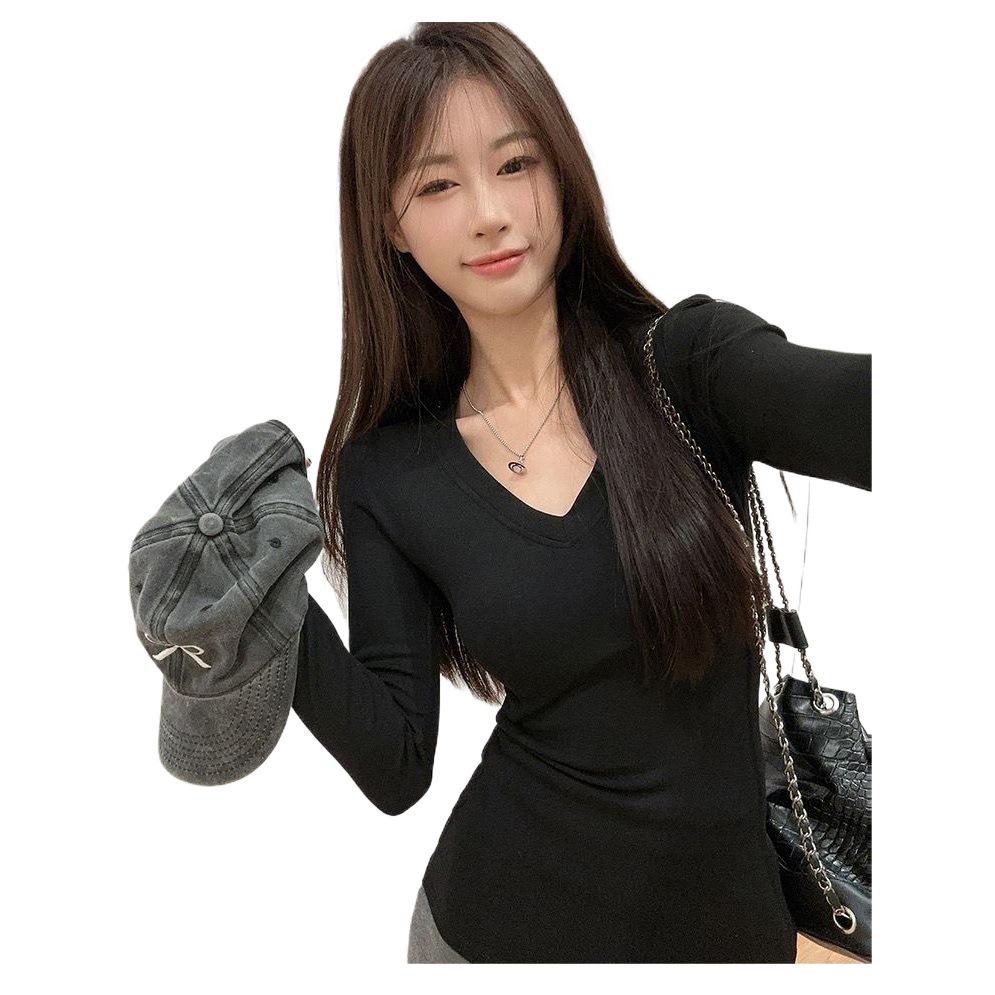 Damen Französisch High-End V-Ausschnitt Raffinierte Taille Langarm Slim-Fit Basisschicht-Oberteil für den Herbst