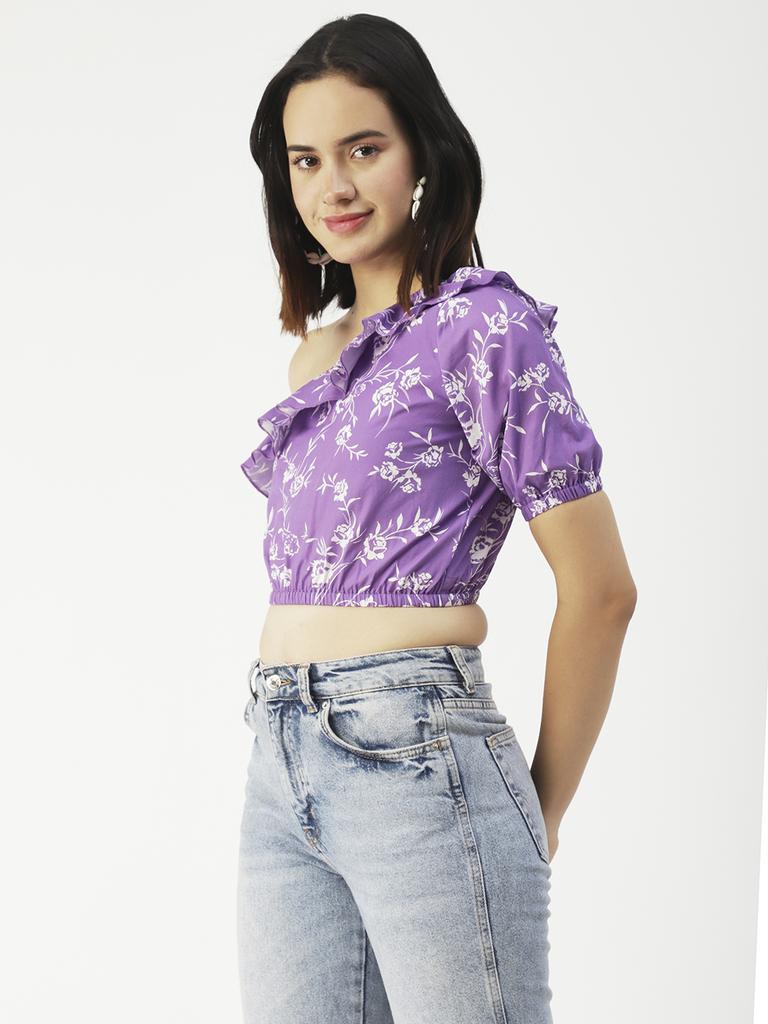 Moomaya Women  S Printed Crop Top, One Shoulder Cotton Casual Summer Top