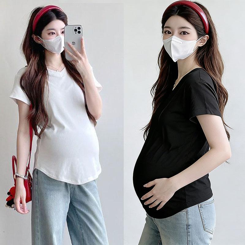Maternity V-Neck Short Sleeve Pleated T-Shirt - Loose Fit, Belly-Covering, Solid Color, Summer Style