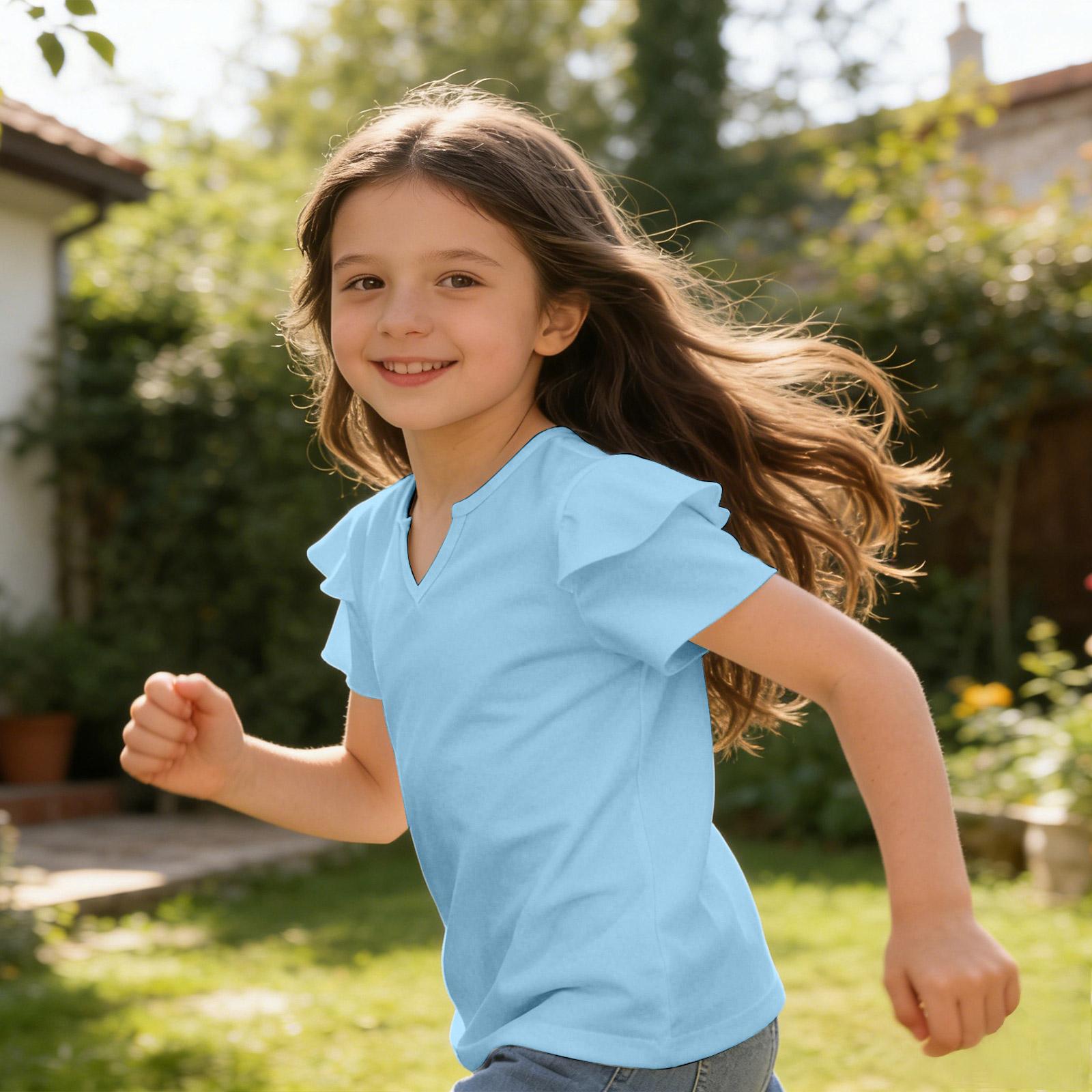 Girls  V-Neck Ruffle Tee - Short Sleeve Summer Blouse 110