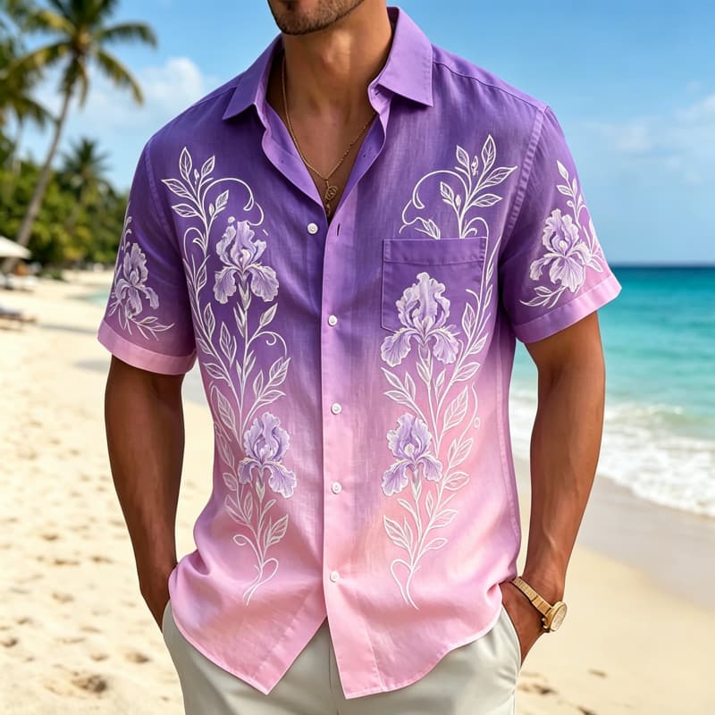 Gradient Tropical Flowers And Minimalist Printed Short Sleeved Shirt With pockets, For Summer Beach Vacations And Daily Travel