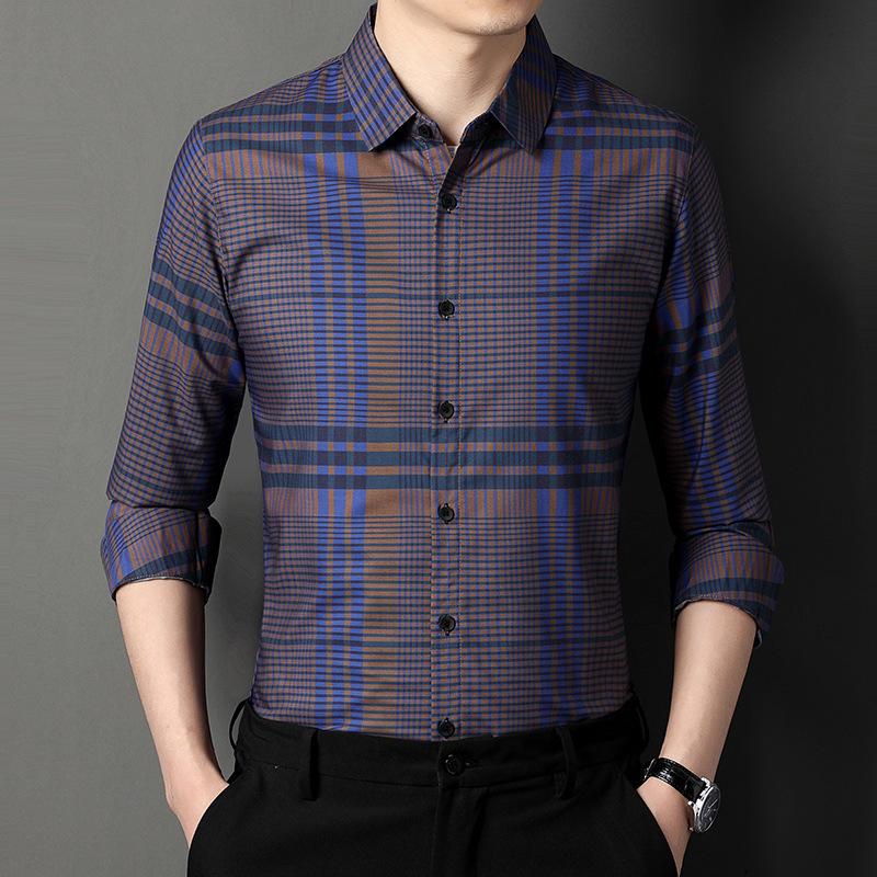 Spring and Autumn Thin Men's Middle-Aged People's Long Sleeve Shirt Plaid Casual Fashion Dad Wear Top