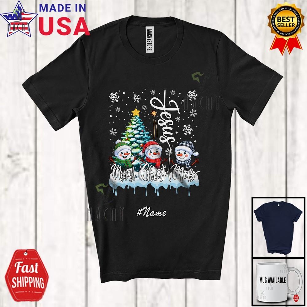 Custom Name Jesus Merry Christmas Lovely X-mas Three Snowman Family T-Shirt M