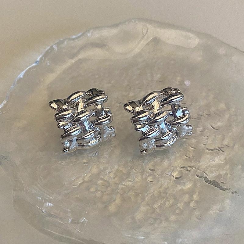 PONYKISS  Sterling Silver Weaving Sensation Square Stud Earrings for Women Minimalist Hollow Fine  Trendy Accessories