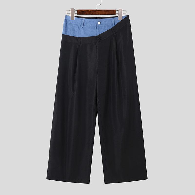 INCERUN Men Patchwork Zip-up Waist Casual Long Straight Pants Trousers