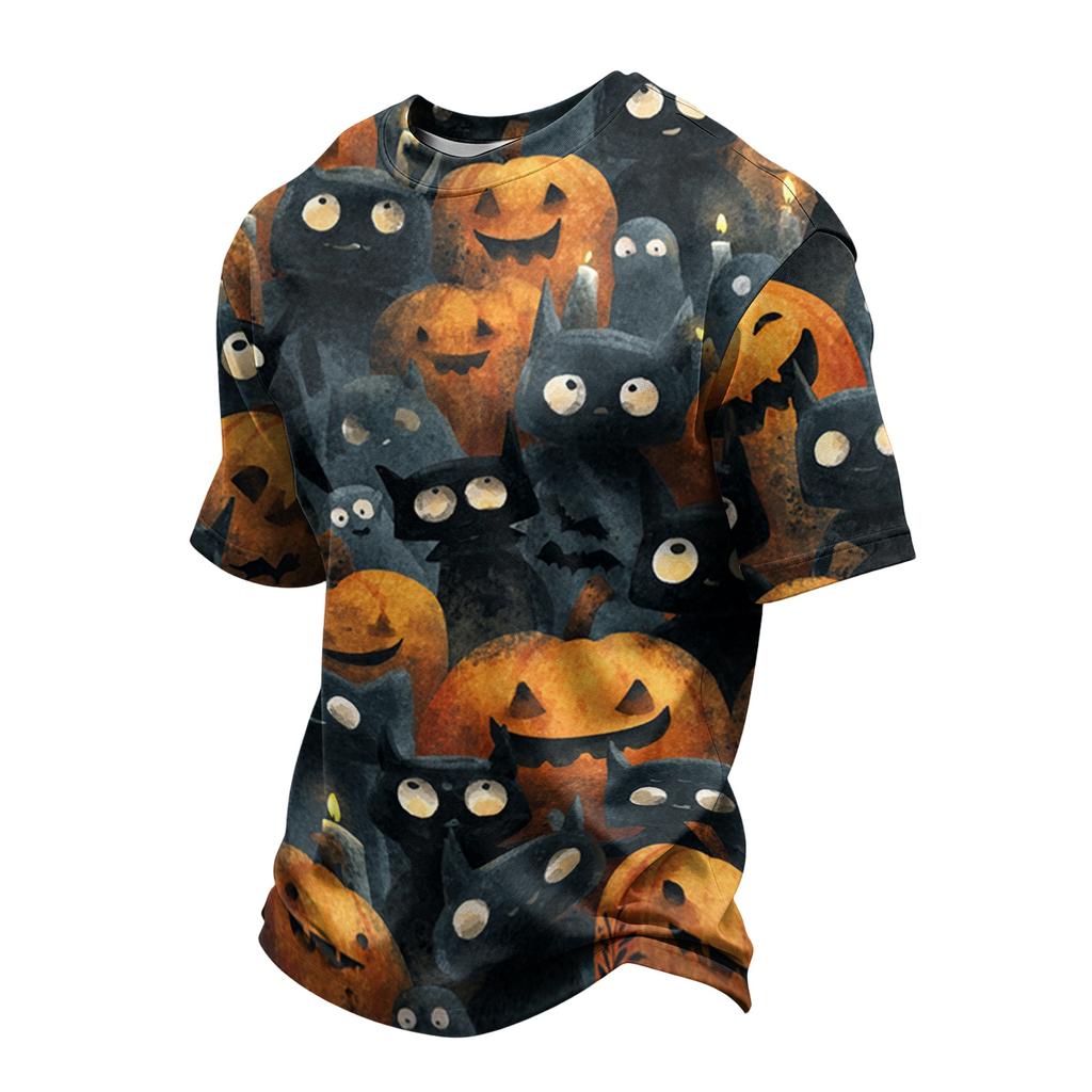 Men's Casual Printed Crew Neck Lightweight Breathable Short Sleeve Shirt Halloween Pattern Comfortable Fit