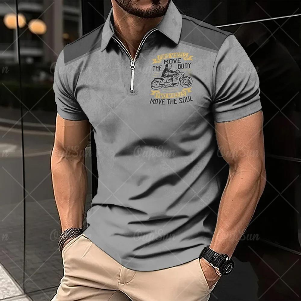 Men's retro short sleeved polo, classic lapel and half zipper polo, motorcycle pattern, large streetwear, summer