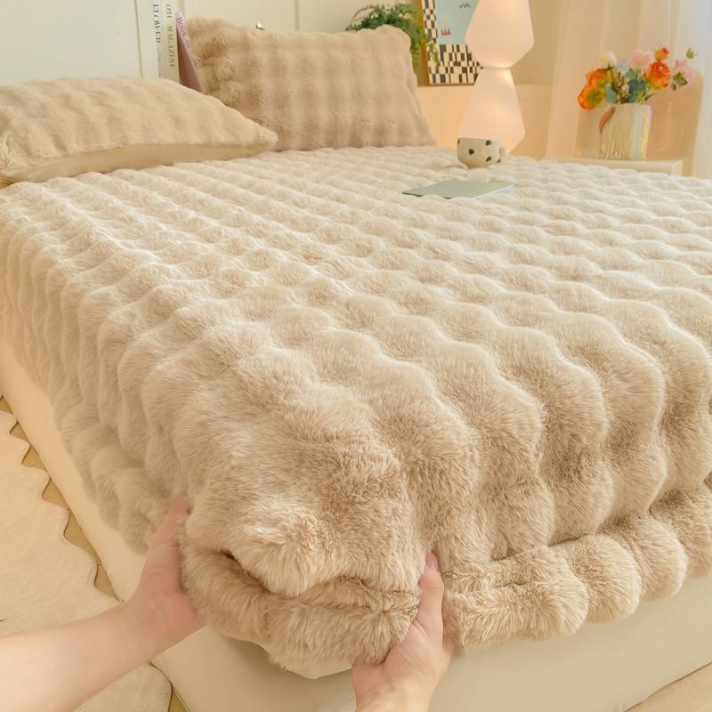 Winter Bed Sheets for Winter Rabbit Fleece Solid Color Fitted Bed Sheet Fluffy Plush Bed Cover Warm Mattress Protector Bed