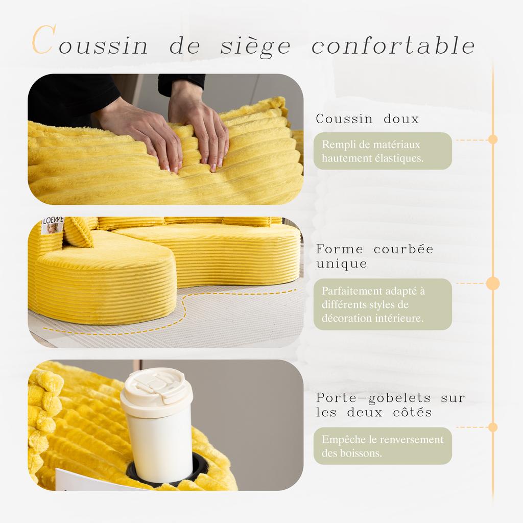 Arc sofa in corduroy, soft, breathable, cup holder & storage pocket, high-density foam. Incl. compressed cushion, ready to use. For every living area.